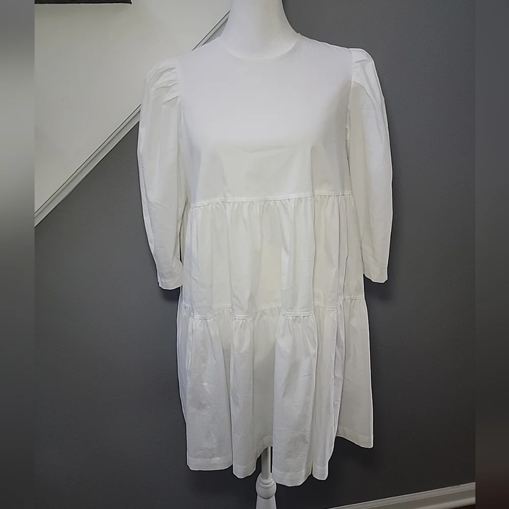 DANIELLE BERNSTEIN White Textured Woven 3/4 Sleeve Mini Baby Doll Dress XS